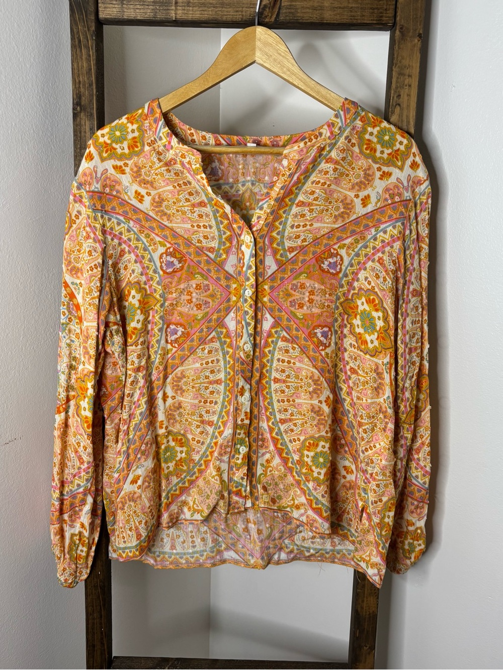 Rose & Olive Paisley Button-Down Blouse in Pink, Orange & Green